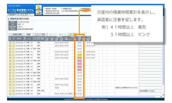 勤務承認画面に残業時間合計、アラート表示